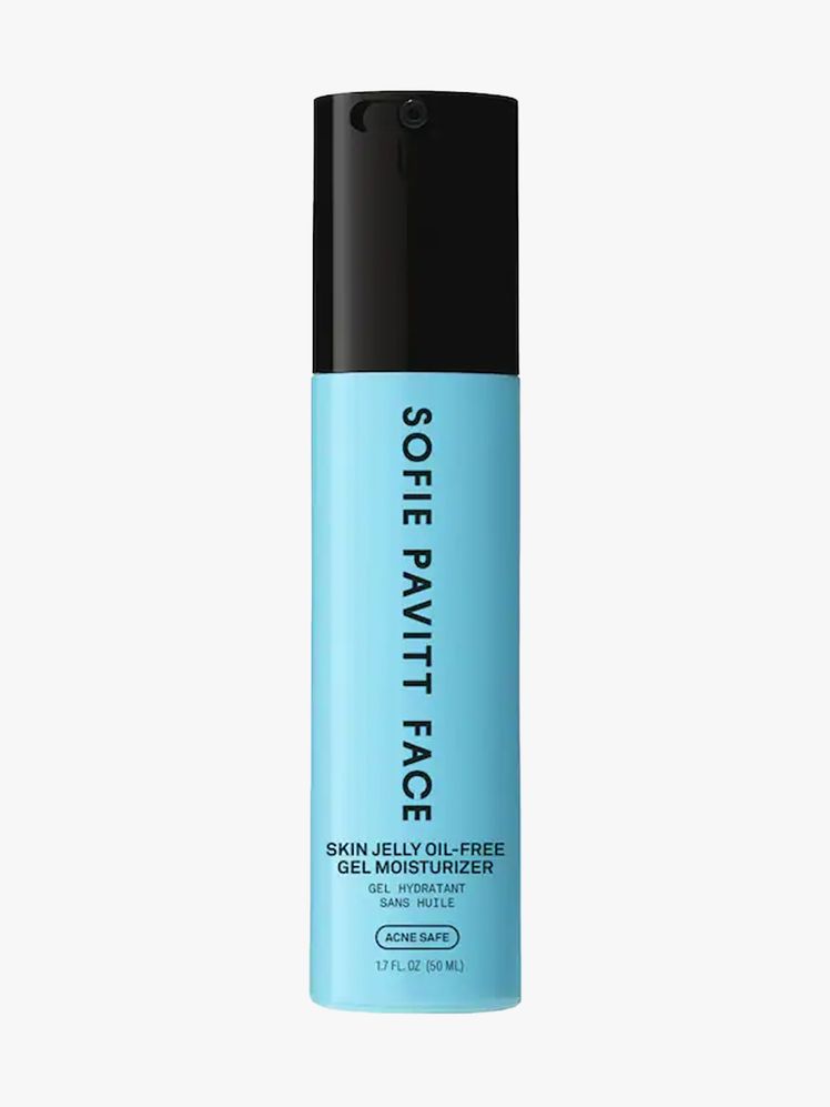 Blue container of Sofie Pavitt Face Skin Jelly OilFree Gel Moisturizer with black cap on white background