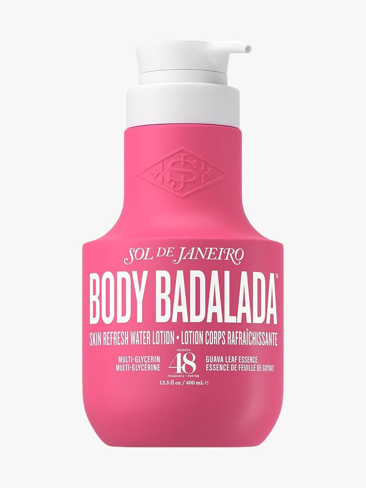 Sol de Janeiro Body Badalada Moisture Melting Lotion pink and white bottle of body lotion on light gray background