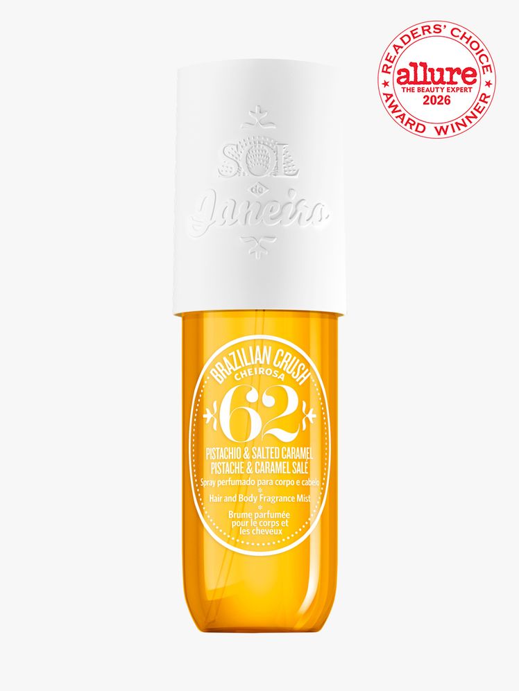 Golden bottle of Sol de Janeiro Cheirosa 62 Perfume on white background