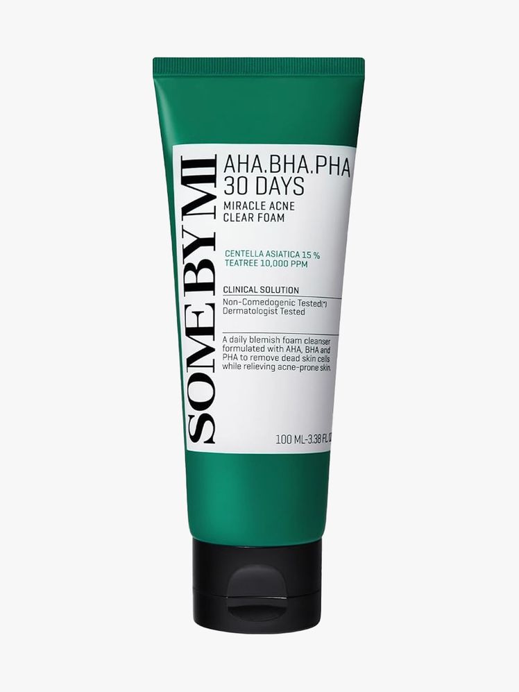 Some by Mi AHA BHA PHA 30 Days Miracle Acne Clear Foam in branded tube component on a light gray background