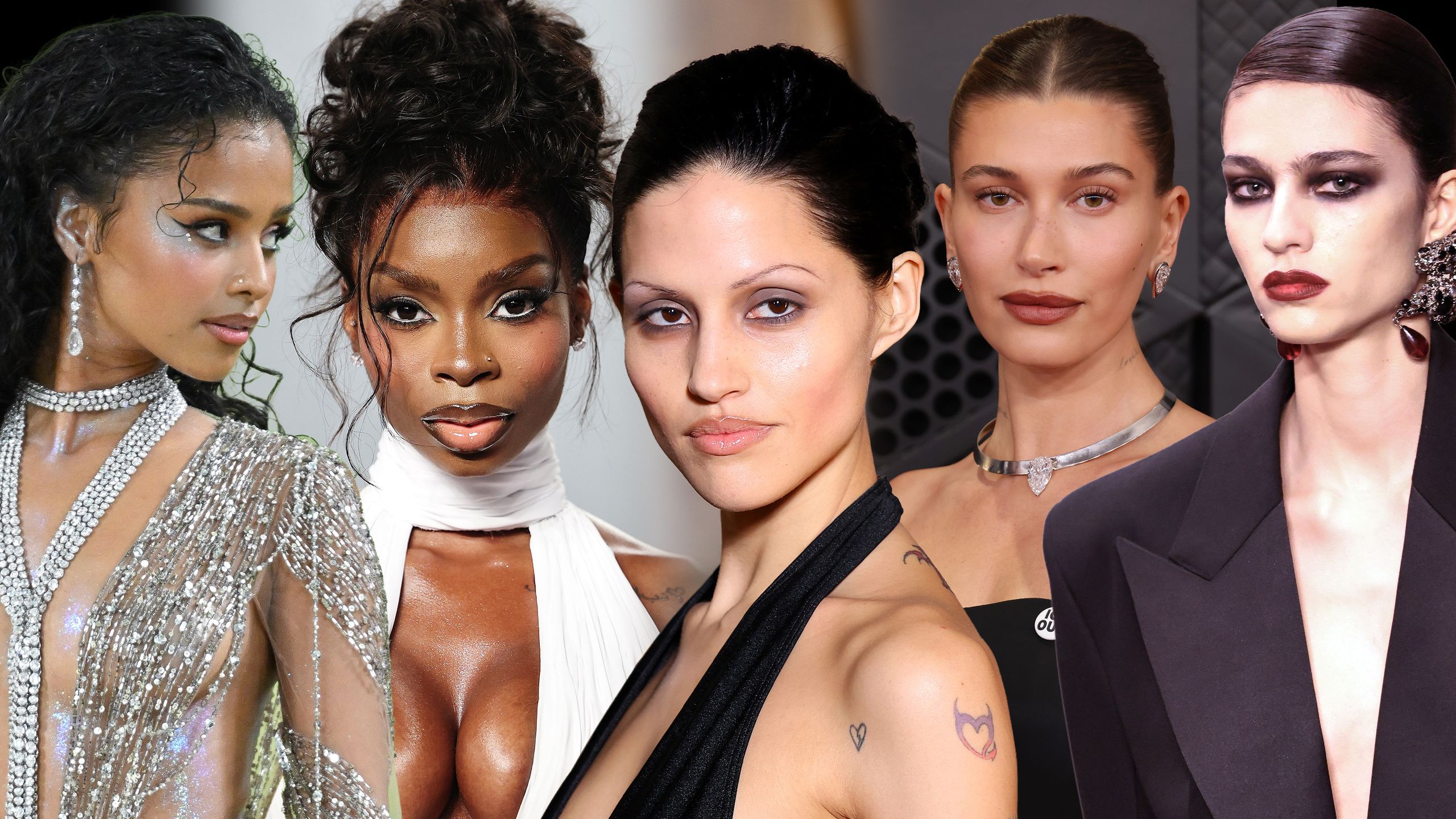 A collage of many figures wearing 2026 makeup trends.