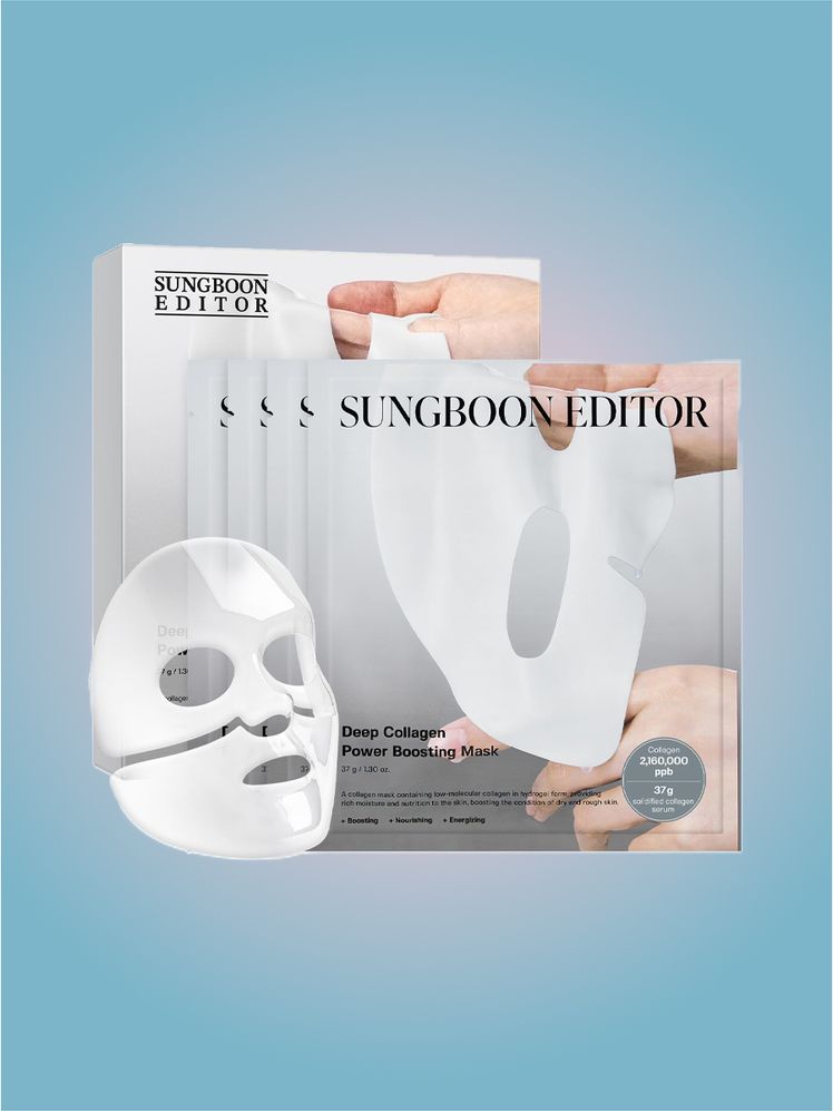 Sungboon Editor Collagen Mask in branded components on a pink and blue background
