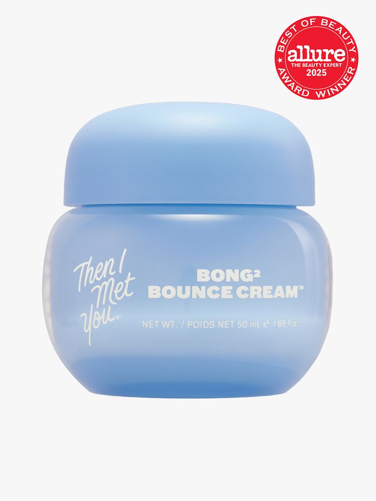 Then I Met You Bong2 Bounce Cream in branded blue jar with cap on light gray background with red Allure Best of Beauty...