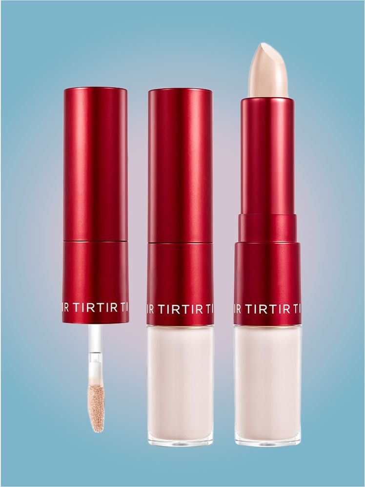 Tirtir Glide and Hide Concealer in branded components on a pink and blue background