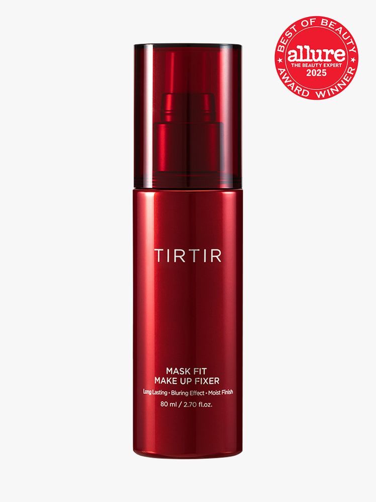 TIRTIR Mask Fit Makeup Fixer in branded red bottle with cap on light gray background with red Allure Best of Beauty seal...