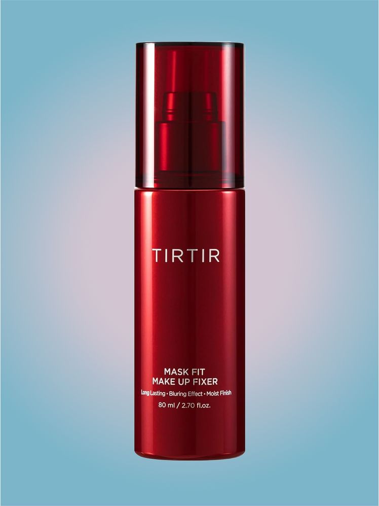 Tirtir Mask Fit Makeup Fixer in branded component on a pink and blue background