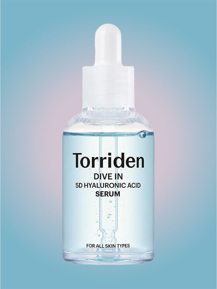 Torriden Dive In 5D Hylauronic Acid Serum in branded dropper component on a pink and blue background