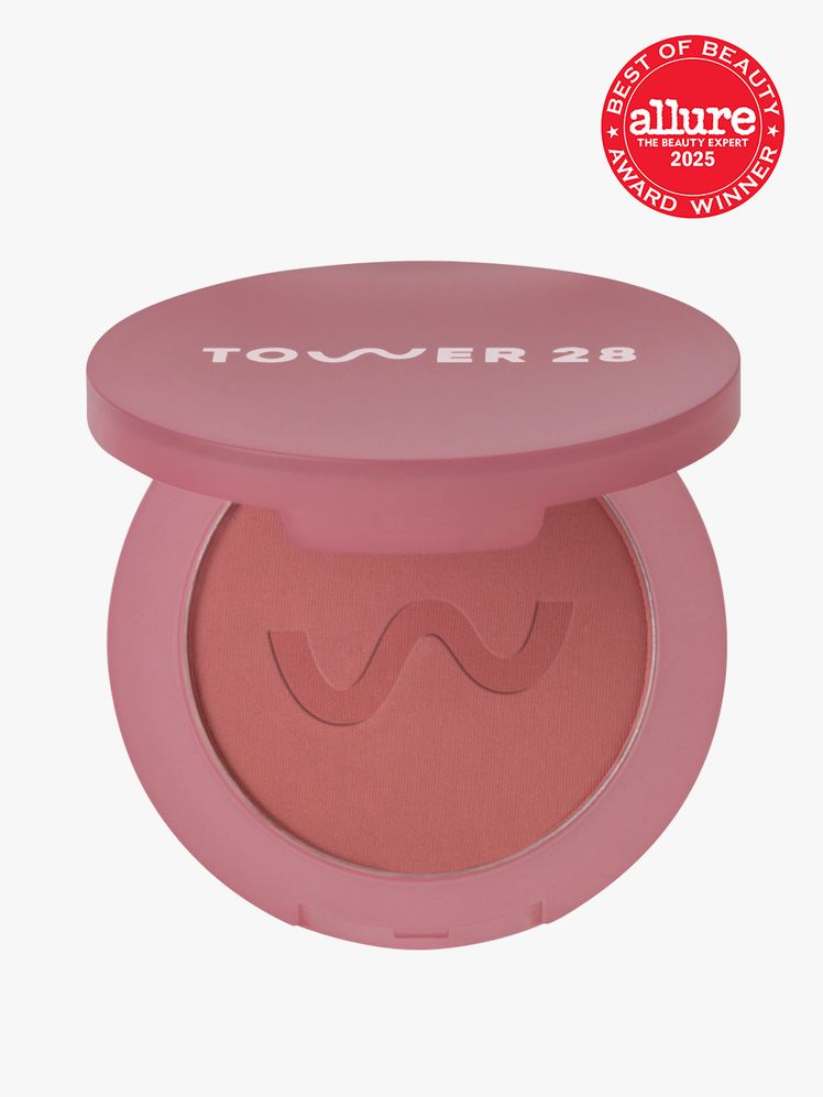 Tower 28 GetSet Matte Powder Blush in branded muted mauve compact on light gray background with red Allure Best of...