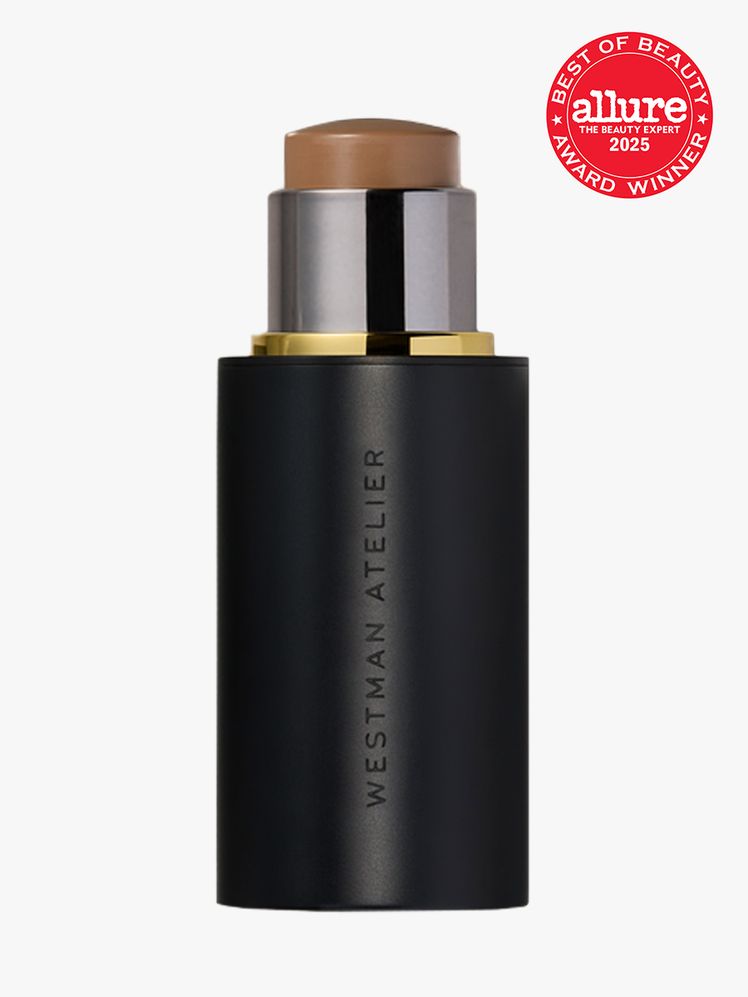 Westman Atelier Face Trace Contour Stick in branded black twist up applicator on light gray background with red Allure...