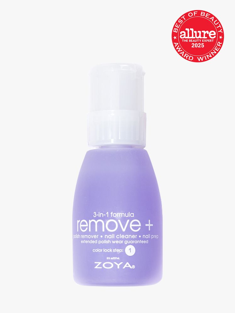 Zoya Remove Plus Nail Polish Remover in branded clear bottle with cap on light gray background with red Allure Best of...