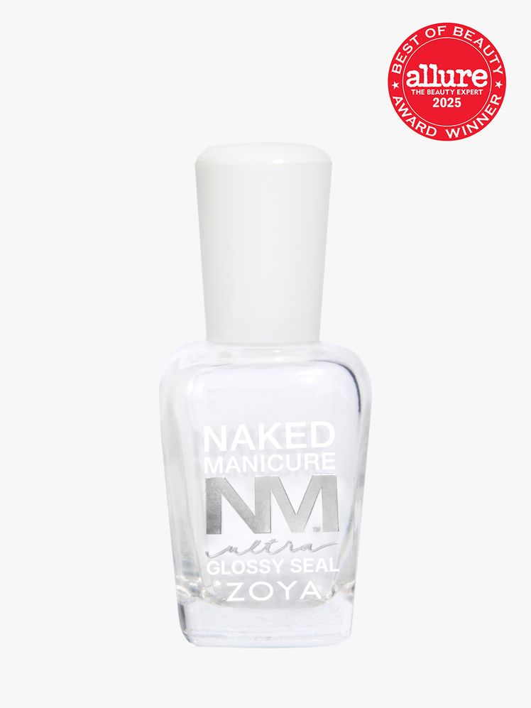 Zoya Ultra Glossy Seal Top Coat in branded glass bottle with white cap on light gray background with red Allure Best of...