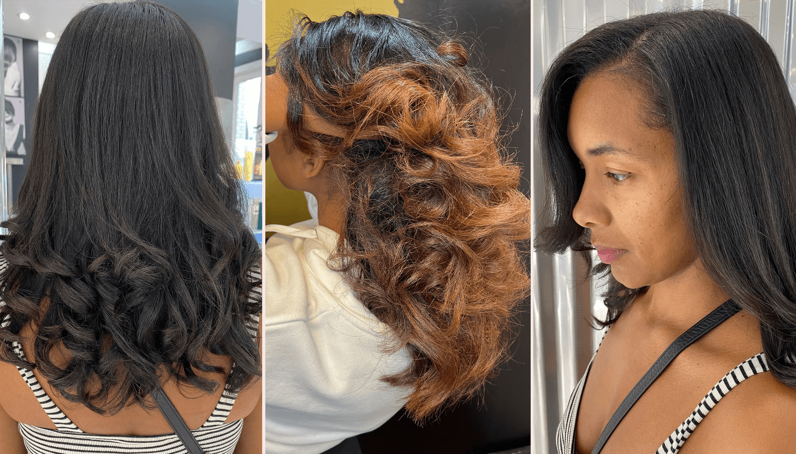side profile photo of a woman with a silk press hairstyle back view of women with silk press hairstyles
