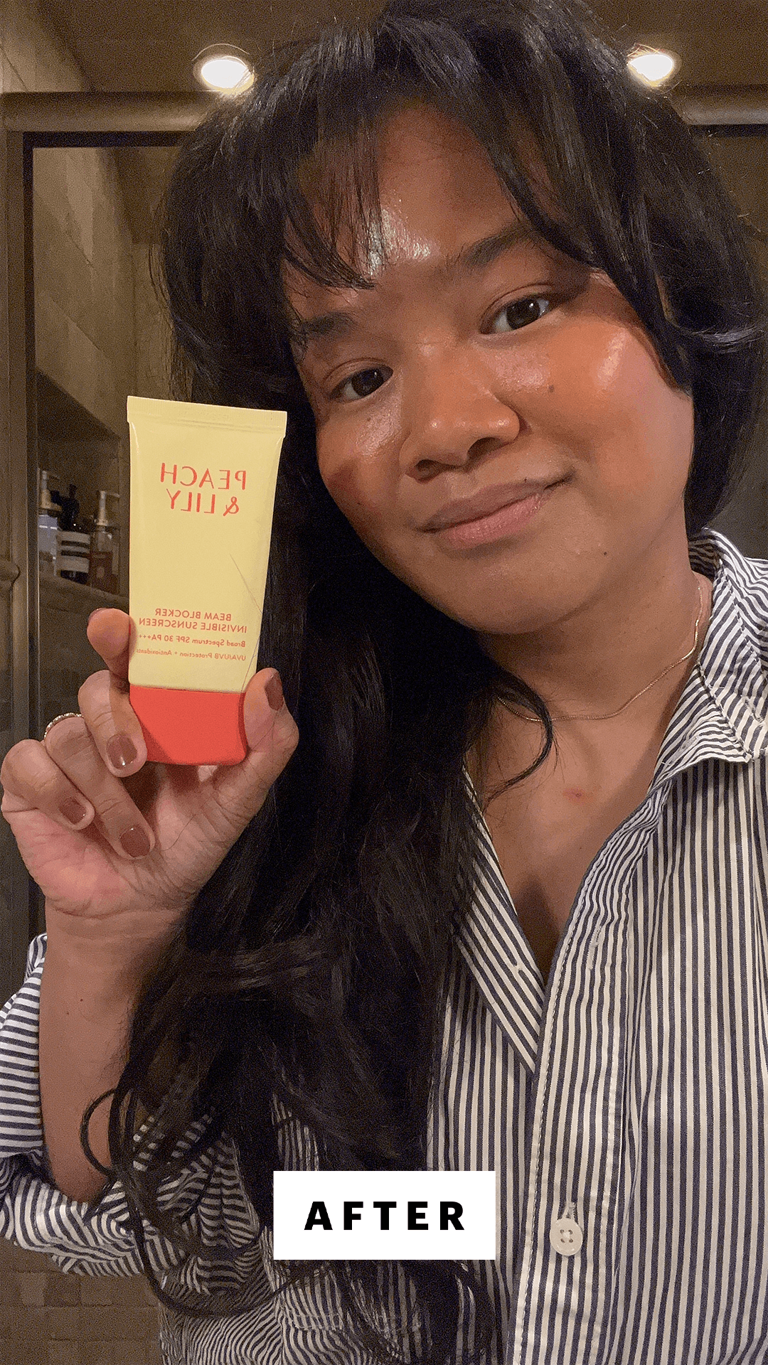 Calaor after applying the Peach  Lily Beam Blocker Invisible Sunscreen
