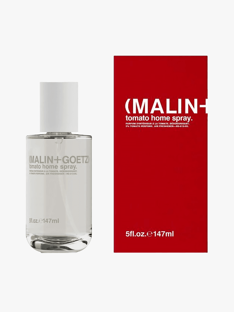 Malin Goetz Tomato Home Spray in red branded component on a light gray background