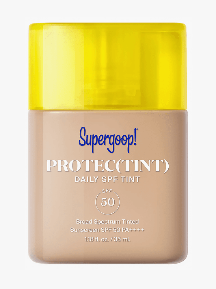Protec Daily Skin Tint SPF 50 in Shade 22W in branded clear bottle with yellow cap on light gray background